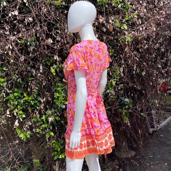 Zessica Floral Print Total Wrap Mini Dress Size Medium In Orange & Pink - Picture 6 of 10